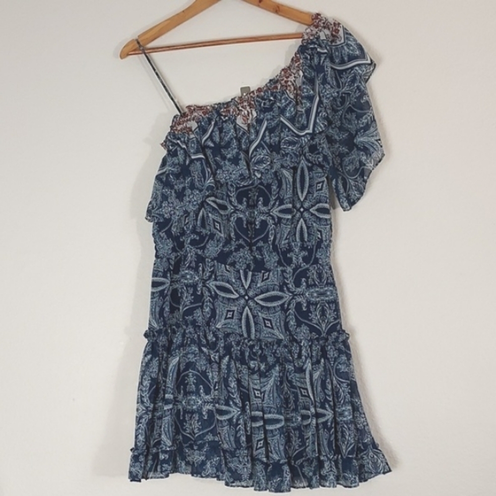 MISA Ezri One Shoulder Mini Dress Blue White Ruffle Floral Summer Large
